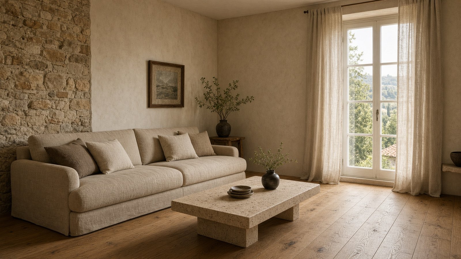 Soggiorno con intonaco caldo e pavimento in rovere